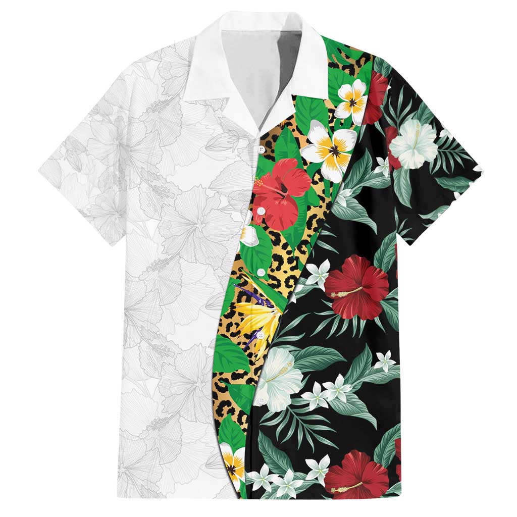 Hawaiian Tropical Flowers and Leaves Family Matching Long Sleeve Bodycon Dress and Hawaiian Shirt on Leopard Pattern Half Style White-Black Version - Polynesian Pride