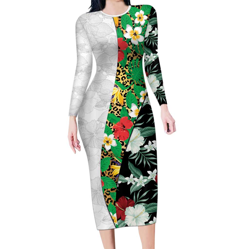 Hawaiian Tropical Flowers and Leaves Family Matching Long Sleeve Bodycon Dress and Hawaiian Shirt on Leopard Pattern Half Style White-Black Version - Polynesian Pride