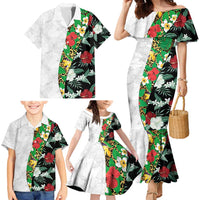 Hawaiian Tropical Flowers and Leaves Family Matching Mermaid Dress and Hawaiian Shirt on Leopard Pattern Half Style White-Black Version - Polynesian Pride