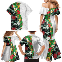 Hawaiian Tropical Flowers and Leaves Family Matching Mermaid Dress and Hawaiian Shirt on Leopard Pattern Half Style White-Black Version - Polynesian Pride