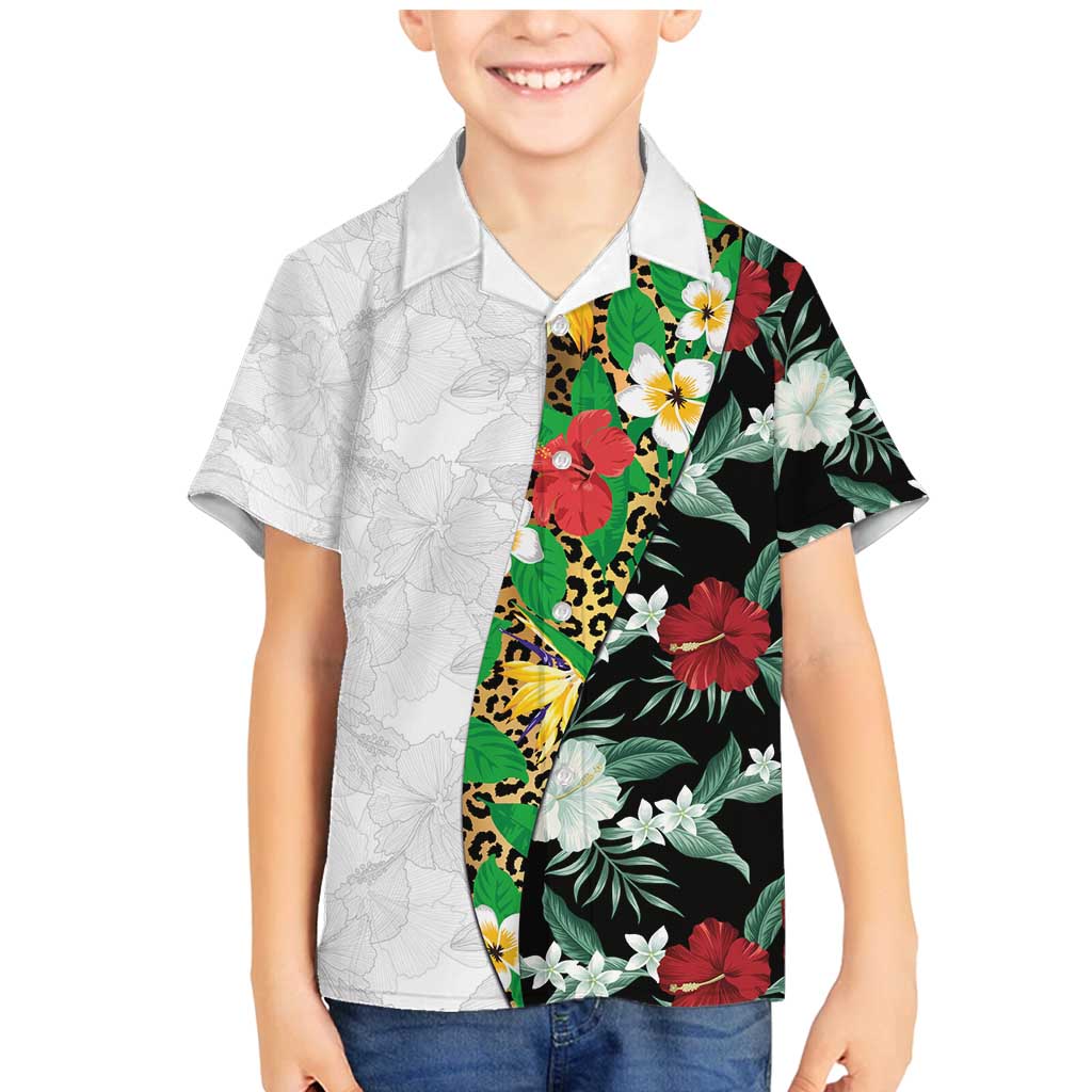 Hawaiian Tropical Flowers and Leaves Family Matching Mermaid Dress and Hawaiian Shirt on Leopard Pattern Half Style White-Black Version - Polynesian Pride