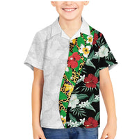 Hawaiian Tropical Flowers and Leaves Family Matching Mermaid Dress and Hawaiian Shirt on Leopard Pattern Half Style White-Black Version - Polynesian Pride