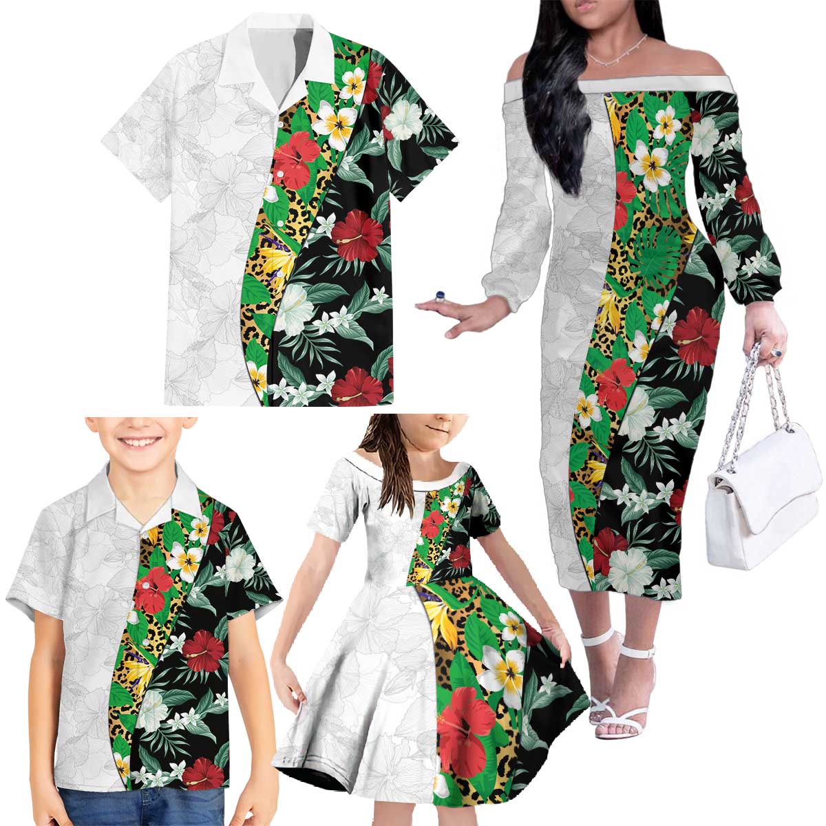 Hawaiian Tropical Flowers and Leaves Family Matching Off The Shoulder Long Sleeve Dress and Hawaiian Shirt on Leopard Pattern Half Style White-Black Version - Polynesian Pride