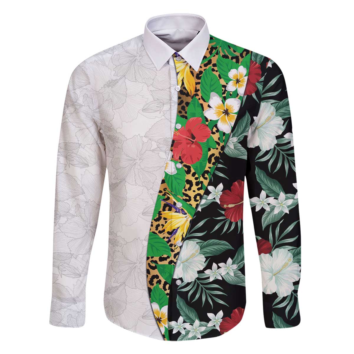 Hawaiian Tropical Flowers and Leaves Family Matching Off The Shoulder Long Sleeve Dress and Hawaiian Shirt on Leopard Pattern Half Style White-Black Version - Polynesian Pride