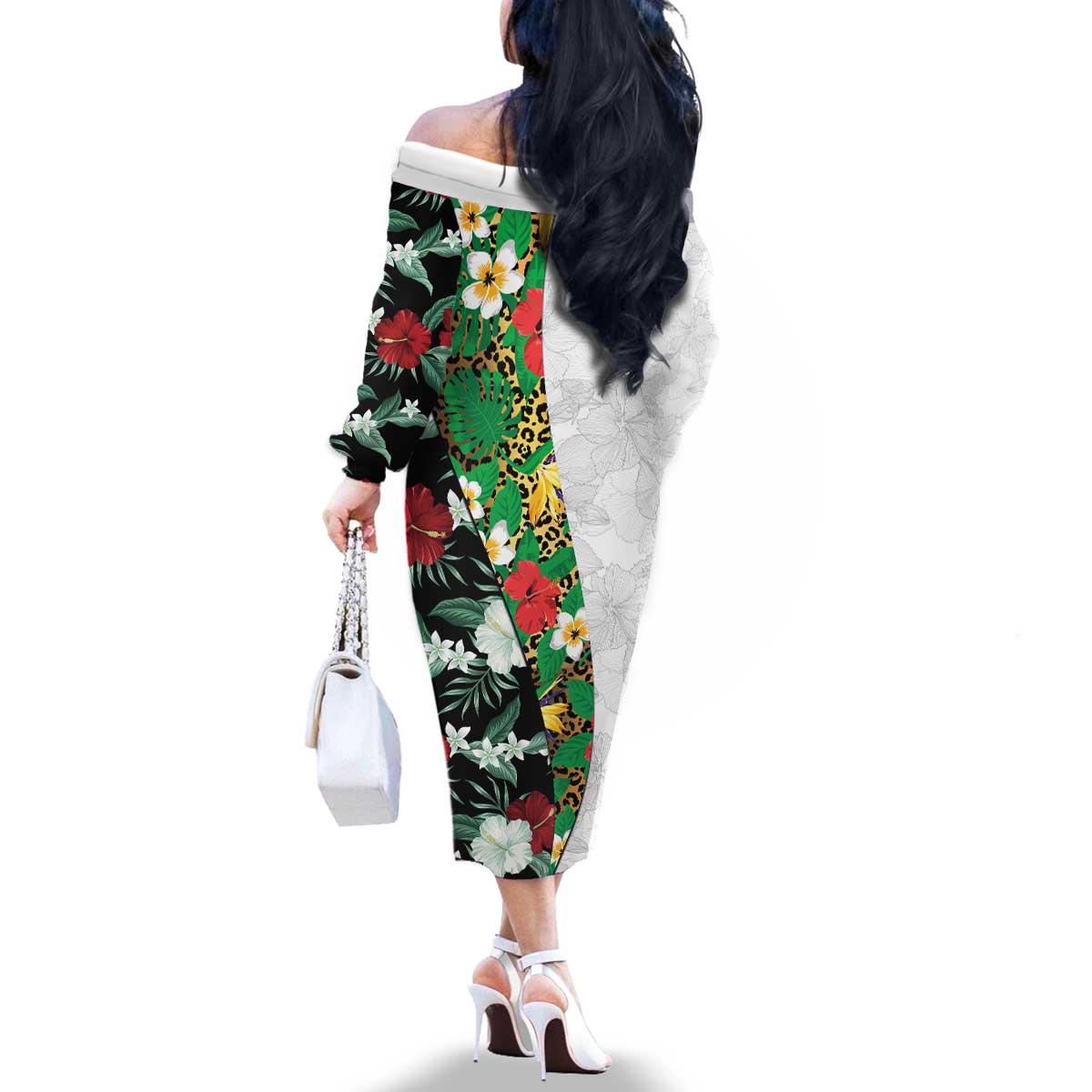 Hawaiian Tropical Flowers and Leaves Family Matching Off The Shoulder Long Sleeve Dress and Hawaiian Shirt on Leopard Pattern Half Style White-Black Version - Polynesian Pride