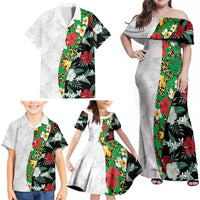 Hawaiian Tropical Flowers and Leaves Family Matching Off Shoulder Maxi Dress and Hawaiian Shirt on Leopard Pattern Half Style White-Black Version - Polynesian Pride