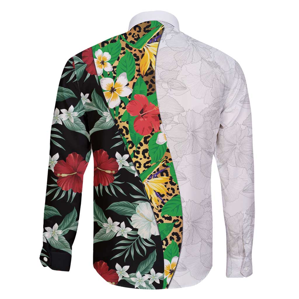 Hawaiian Tropical Flowers and Leaves Family Matching Off Shoulder Maxi Dress and Hawaiian Shirt on Leopard Pattern Half Style White-Black Version - Polynesian Pride