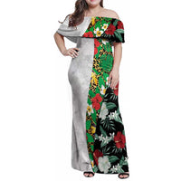 Hawaiian Tropical Flowers and Leaves Family Matching Off Shoulder Maxi Dress and Hawaiian Shirt on Leopard Pattern Half Style White-Black Version - Polynesian Pride