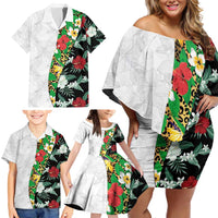 Hawaiian Tropical Flowers and Leaves Family Matching Off Shoulder Short Dress and Hawaiian Shirt on Leopard Pattern Half Style White-Black Version - Polynesian Pride