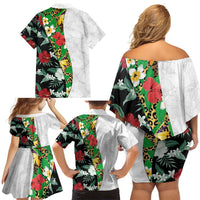 Hawaiian Tropical Flowers and Leaves Family Matching Off Shoulder Short Dress and Hawaiian Shirt on Leopard Pattern Half Style White-Black Version - Polynesian Pride