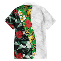 Hawaiian Tropical Flowers and Leaves Family Matching Off Shoulder Short Dress and Hawaiian Shirt on Leopard Pattern Half Style White-Black Version - Polynesian Pride