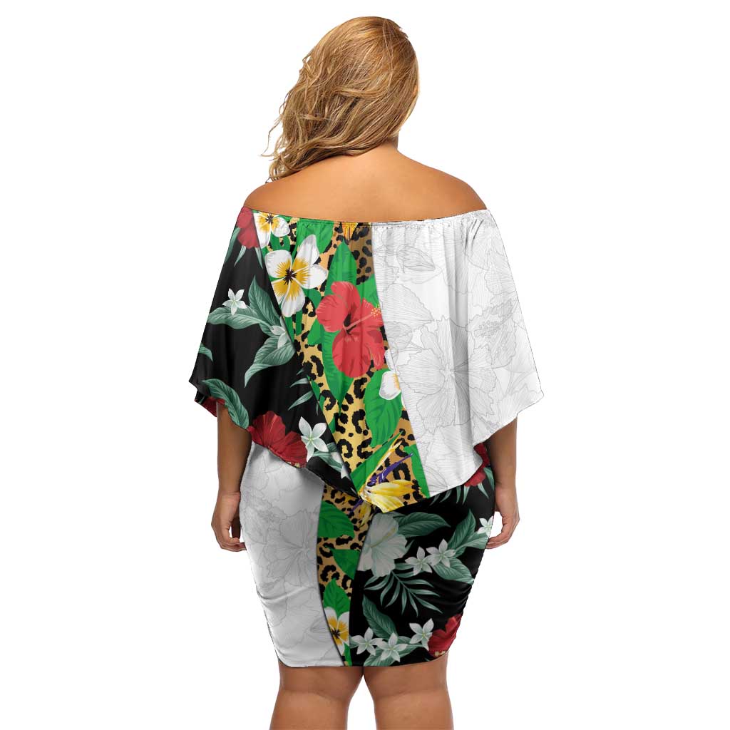 Hawaiian Tropical Flowers and Leaves Family Matching Off Shoulder Short Dress and Hawaiian Shirt on Leopard Pattern Half Style White-Black Version - Polynesian Pride