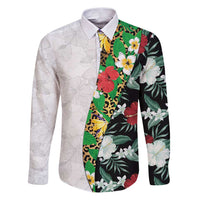 Hawaiian Tropical Flowers and Leaves Family Matching Puletasi and Hawaiian Shirt on Leopard Pattern Half Style White-Black Version - Polynesian Pride