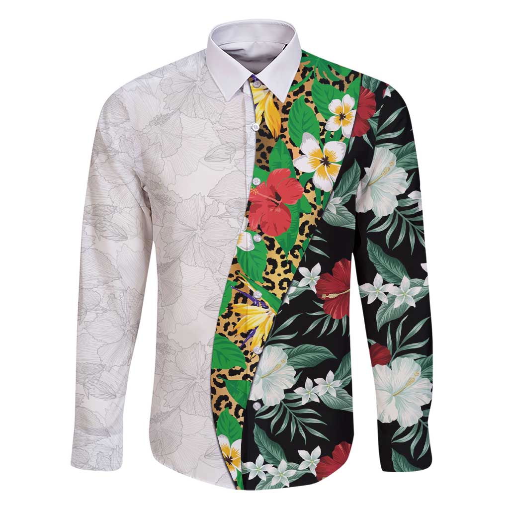 Hawaiian Tropical Flowers and Leaves Family Matching Short Sleeve Bodycon Dress and Hawaiian Shirt on Leopard Pattern Half Style White-Black Version - Polynesian Pride