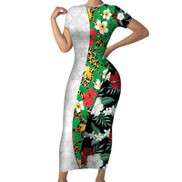 Hawaiian Tropical Flowers and Leaves Family Matching Short Sleeve Bodycon Dress and Hawaiian Shirt on Leopard Pattern Half Style White-Black Version - Polynesian Pride