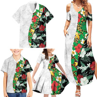 Hawaiian Tropical Flowers and Leaves Family Matching Summer Maxi Dress and Hawaiian Shirt on Leopard Pattern Half Style White-Black Version - Polynesian Pride