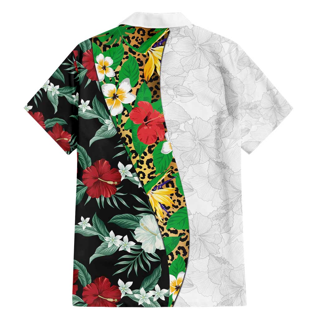 Hawaiian Tropical Flowers and Leaves Family Matching Summer Maxi Dress and Hawaiian Shirt on Leopard Pattern Half Style White-Black Version - Polynesian Pride
