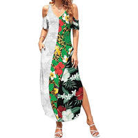 Hawaiian Tropical Flowers and Leaves Family Matching Summer Maxi Dress and Hawaiian Shirt on Leopard Pattern Half Style White-Black Version - Polynesian Pride