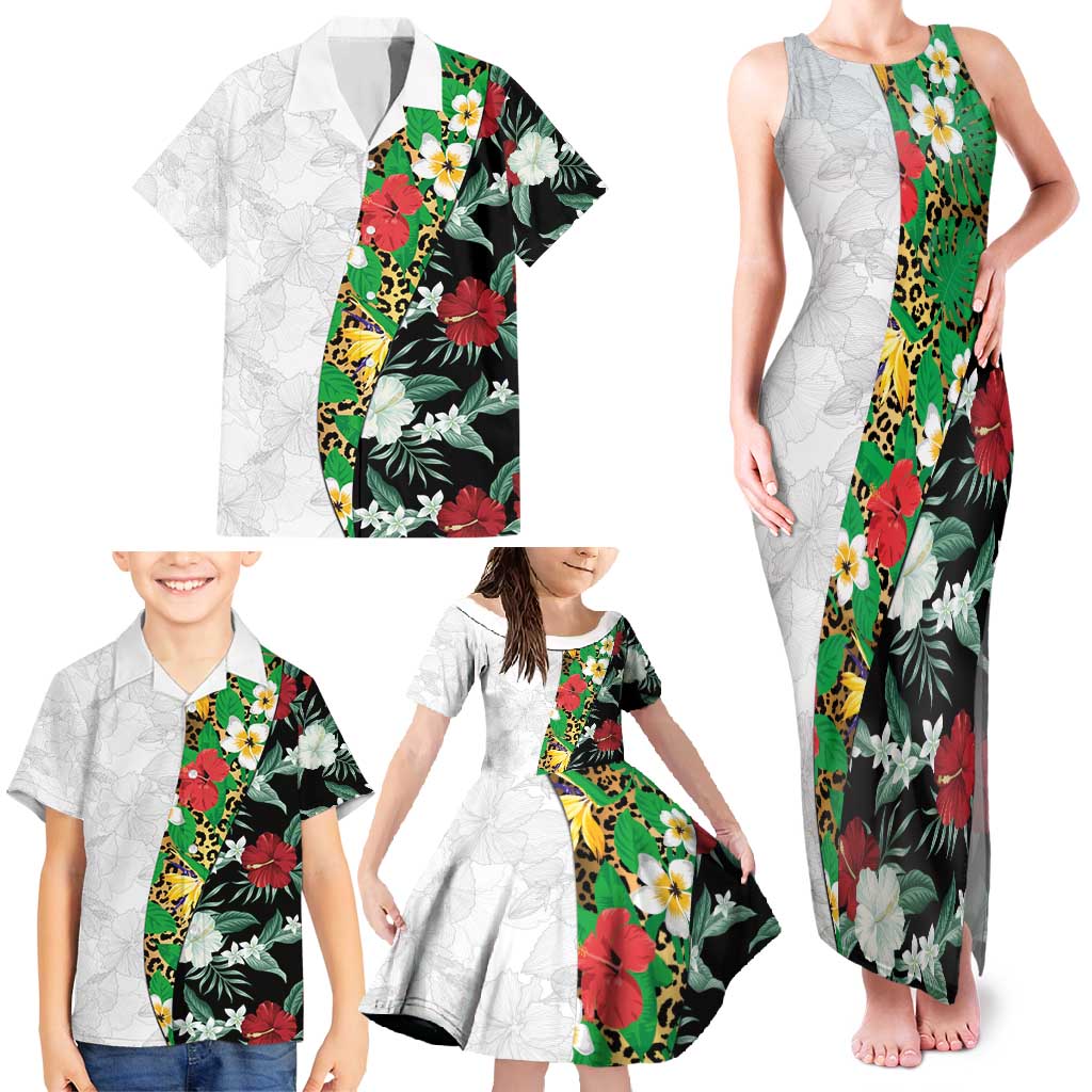 Hawaiian Tropical Flowers and Leaves Family Matching Tank Maxi Dress and Hawaiian Shirt on Leopard Pattern Half Style White-Black Version - Polynesian Pride