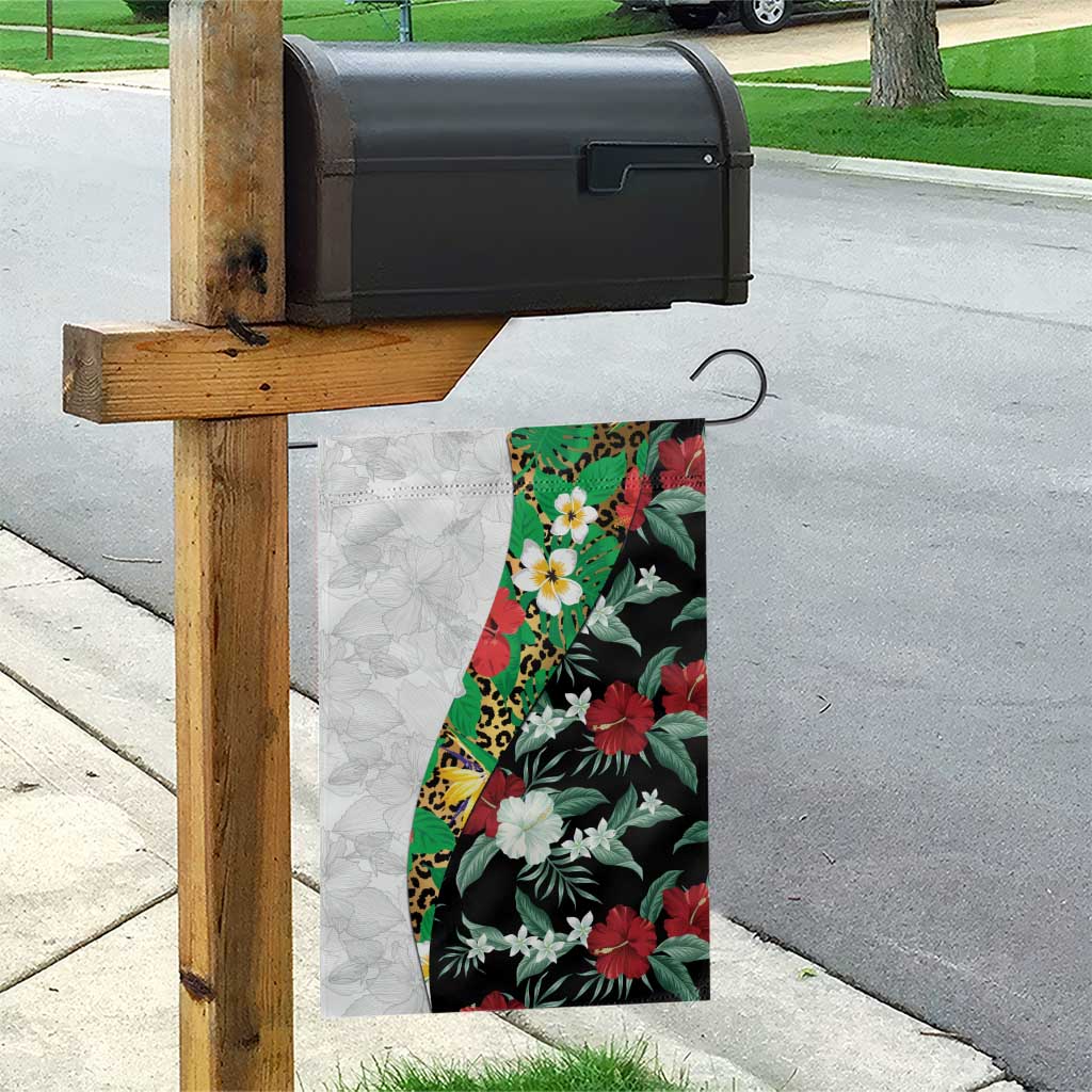 Hawaiian Tropical Flowers and Leaves Garden Flag on Leopard Pattern Half Style White-Black Version - Polynesian Pride