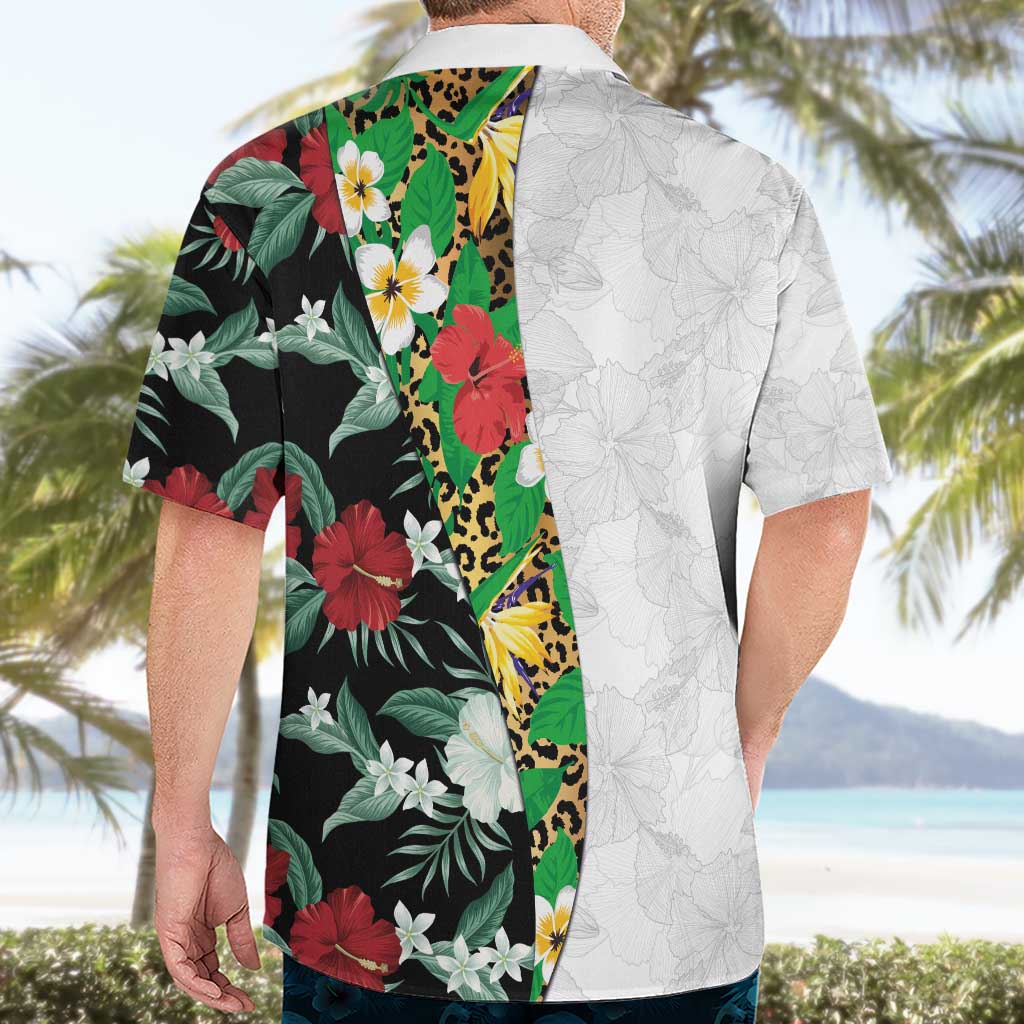 Hawaiian Tropical Flowers and Leaves Hawaiian Shirt on Leopard Pattern Half Style White-Black Version - Polynesian Pride