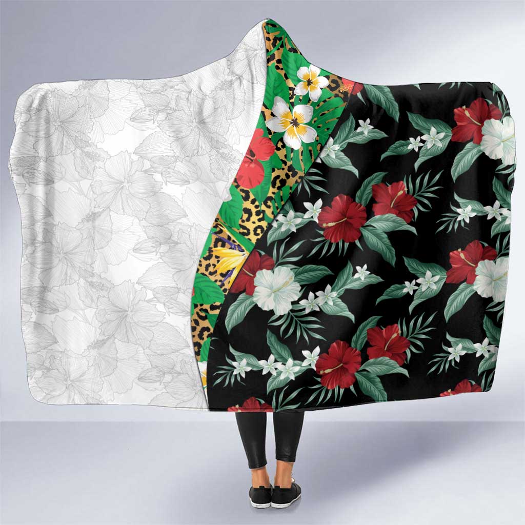 Hawaiian Tropical Flowers and Leaves Hooded Blanket on Leopard Pattern Half Style White-Black Version - Polynesian Pride