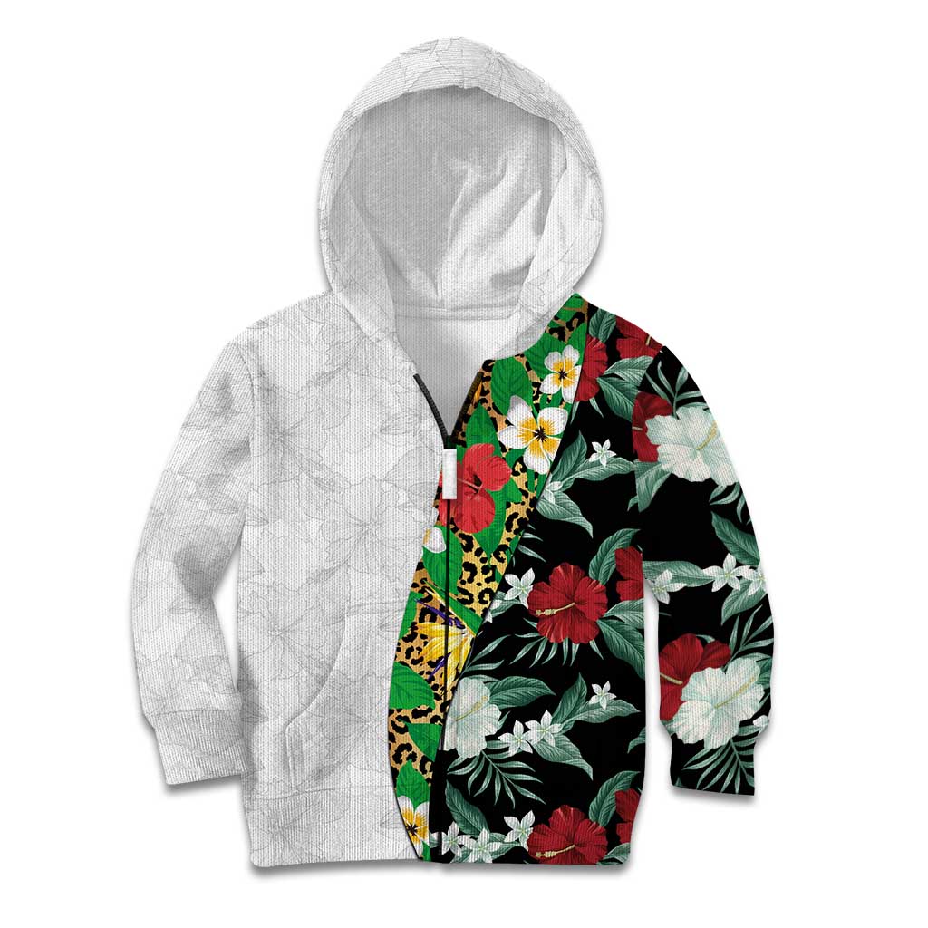 Hawaiian Tropical Flowers and Leaves Kid Hoodie on Leopard Pattern Half Style White-Black Version - Polynesian Pride