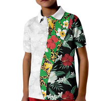 Hawaiian Tropical Flowers and Leaves Kid Polo Shirt on Leopard Pattern Half Style White-Black Version - Polynesian Pride
