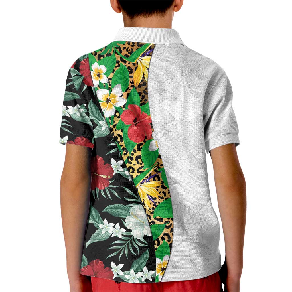 Hawaiian Tropical Flowers and Leaves Kid Polo Shirt on Leopard Pattern Half Style White-Black Version - Polynesian Pride