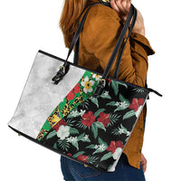 Hawaiian Tropical Flowers and Leaves Leather Tote Bag on Leopard Pattern Half Style White-Black Version - Polynesian Pride