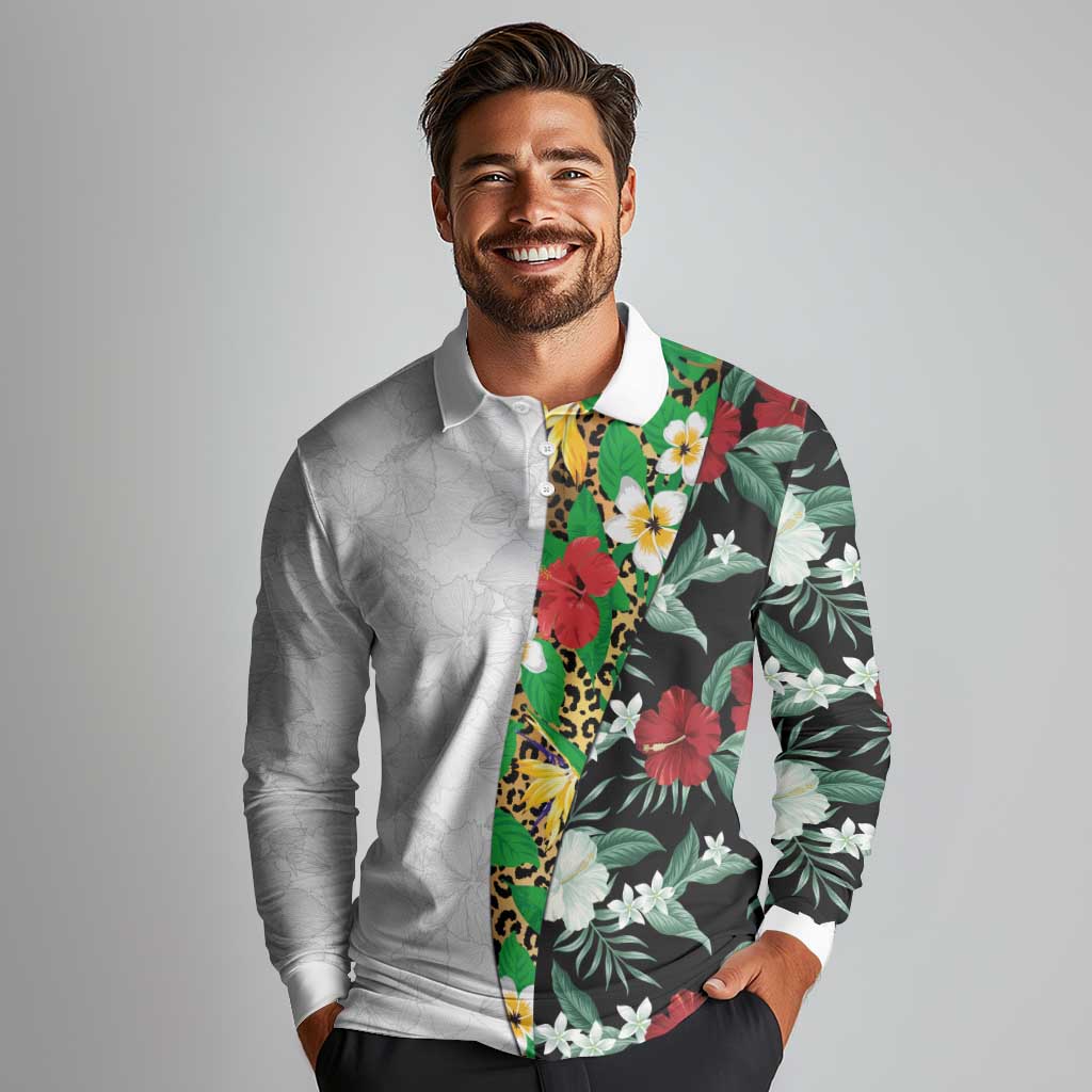 Hawaiian Tropical Flowers and Leaves Long Sleeve Polo Shirt on Leopard Pattern Half Style White-Black Version - Polynesian Pride