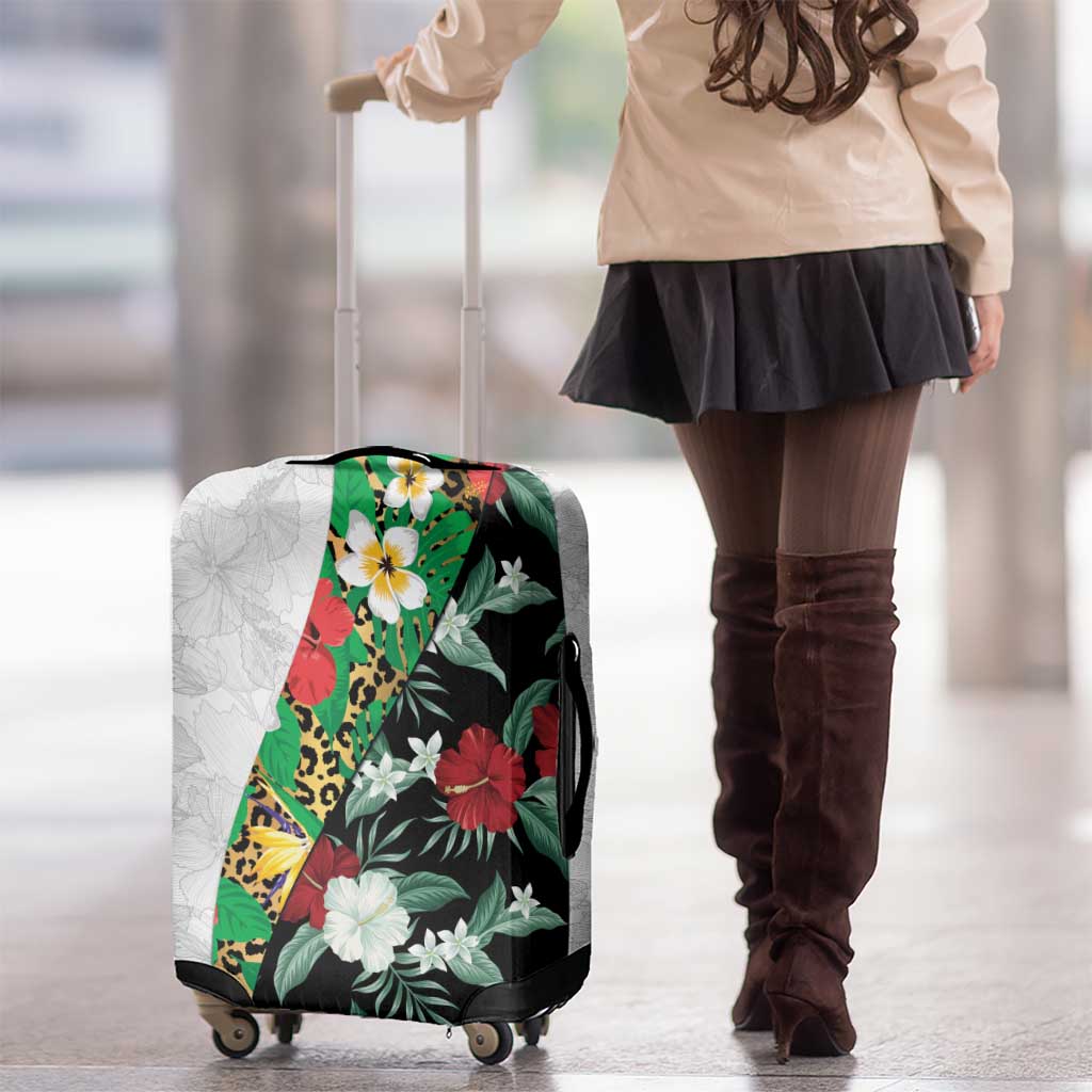 Hawaiian Tropical Flowers and Leaves Luggage Cover on Leopard Pattern Half Style White-Black Version - Polynesian Pride