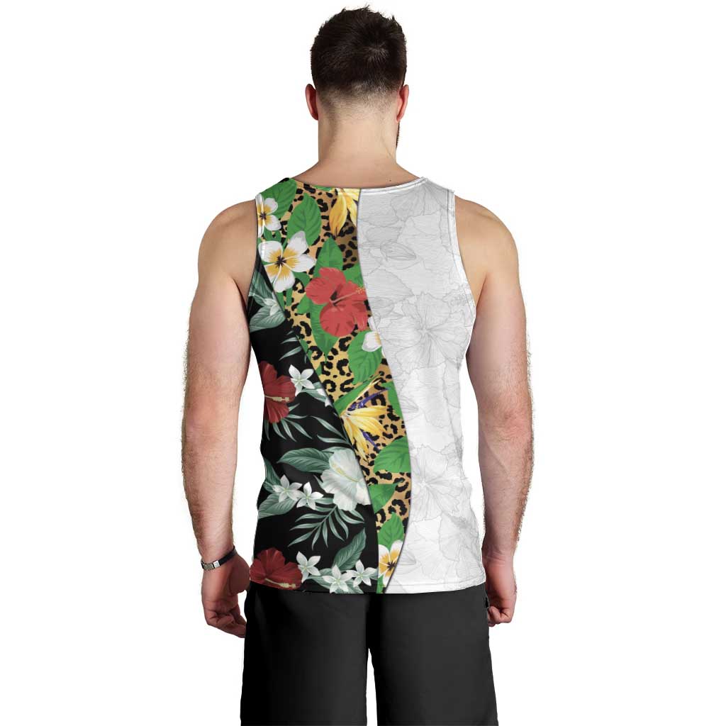 Hawaiian Tropical Flowers and Leaves Men Tank Top on Leopard Pattern Half Style White-Black Version - Polynesian Pride