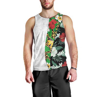Hawaiian Tropical Flowers and Leaves Men Tank Top on Leopard Pattern Half Style White-Black Version - Polynesian Pride
