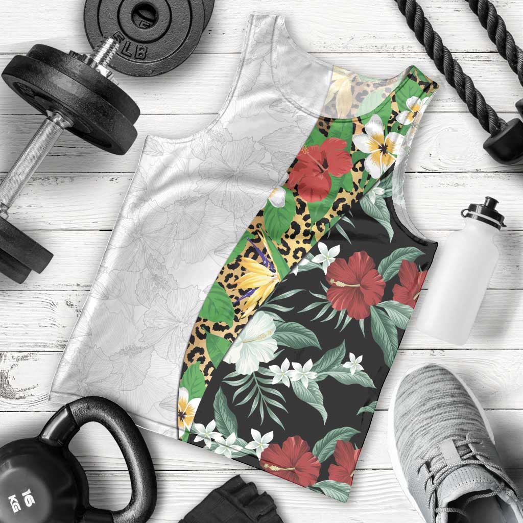 Hawaiian Tropical Flowers and Leaves Men Tank Top on Leopard Pattern Half Style White-Black Version - Polynesian Pride