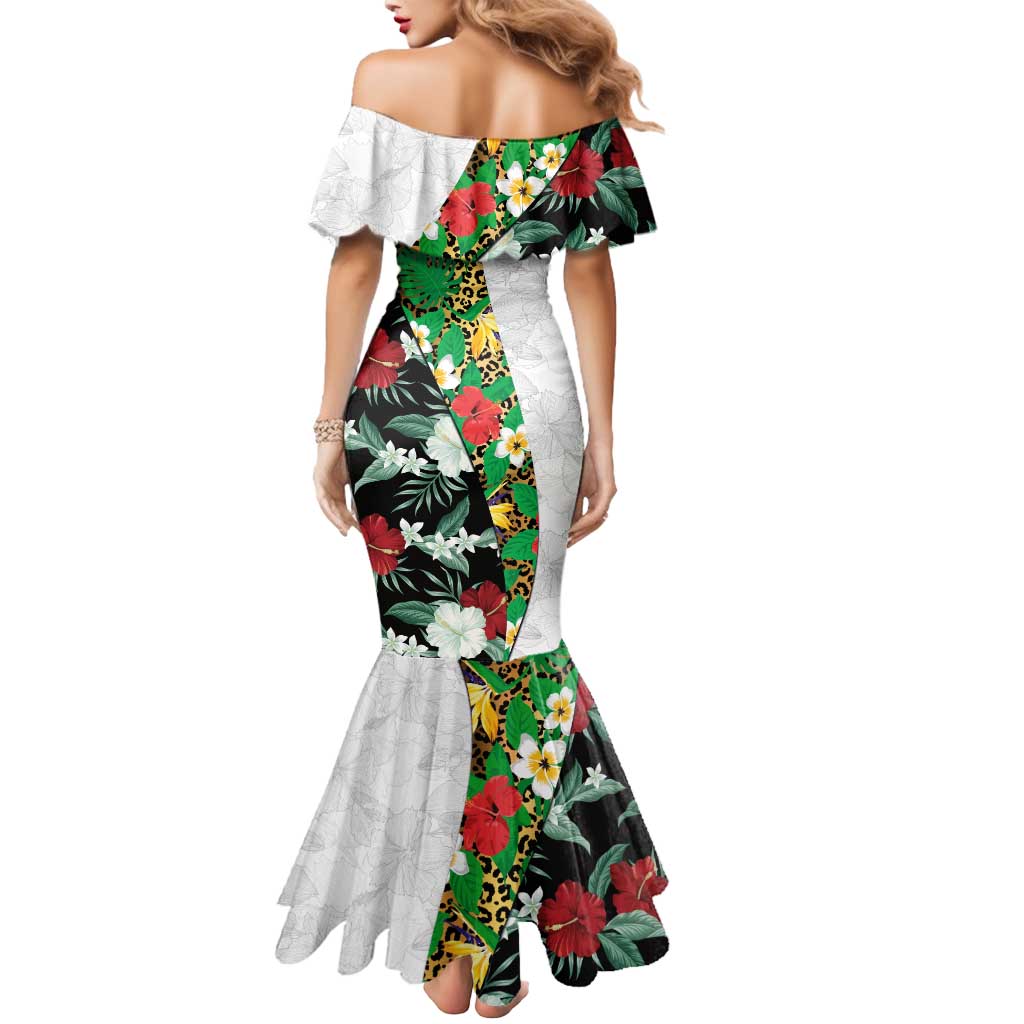 Hawaiian Tropical Flowers and Leaves Mermaid Dress on Leopard Pattern Half Style White-Black Version - Polynesian Pride