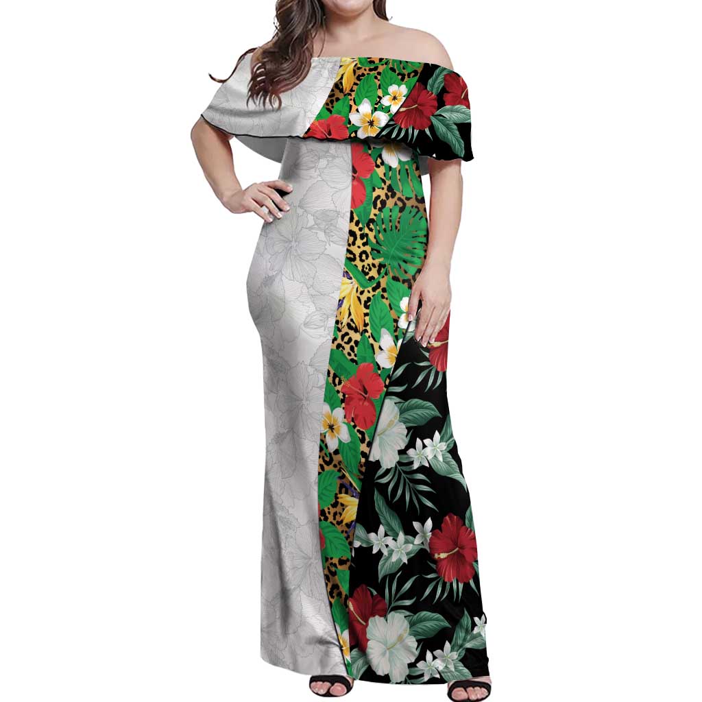 Hawaiian Tropical Flowers and Leaves Off Shoulder Maxi Dress on Leopard Pattern Half Style White-Black Version - Polynesian Pride