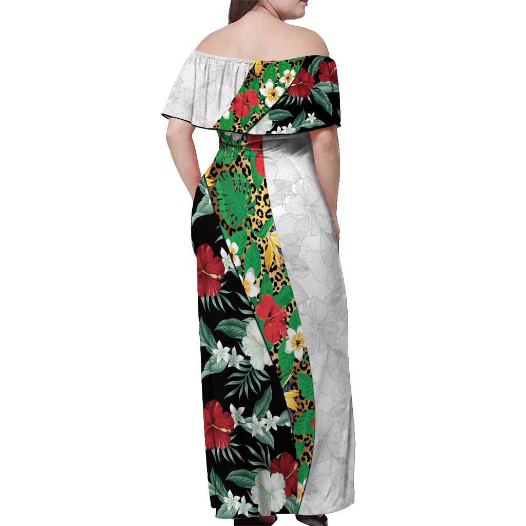 Hawaiian Tropical Flowers and Leaves Off Shoulder Maxi Dress on Leopard Pattern Half Style White-Black Version - Polynesian Pride