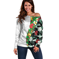 Hawaiian Tropical Flowers and Leaves Off Shoulder Sweater on Leopard Pattern Half Style White-Black Version - Polynesian Pride
