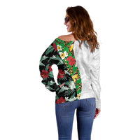 Hawaiian Tropical Flowers and Leaves Off Shoulder Sweater on Leopard Pattern Half Style White-Black Version - Polynesian Pride