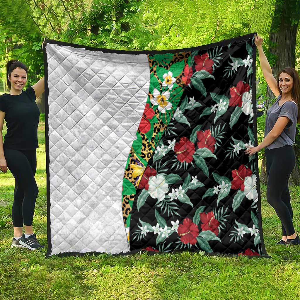 Hawaiian Tropical Flowers and Leaves Quilt on Leopard Pattern Half Style White-Black Version - Polynesian Pride