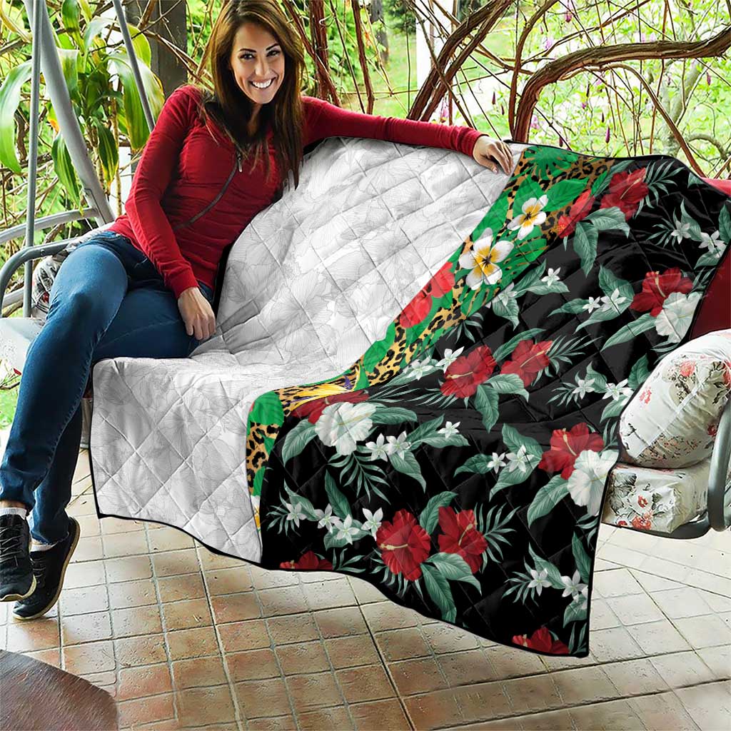 Hawaiian Tropical Flowers and Leaves Quilt on Leopard Pattern Half Style White-Black Version - Polynesian Pride