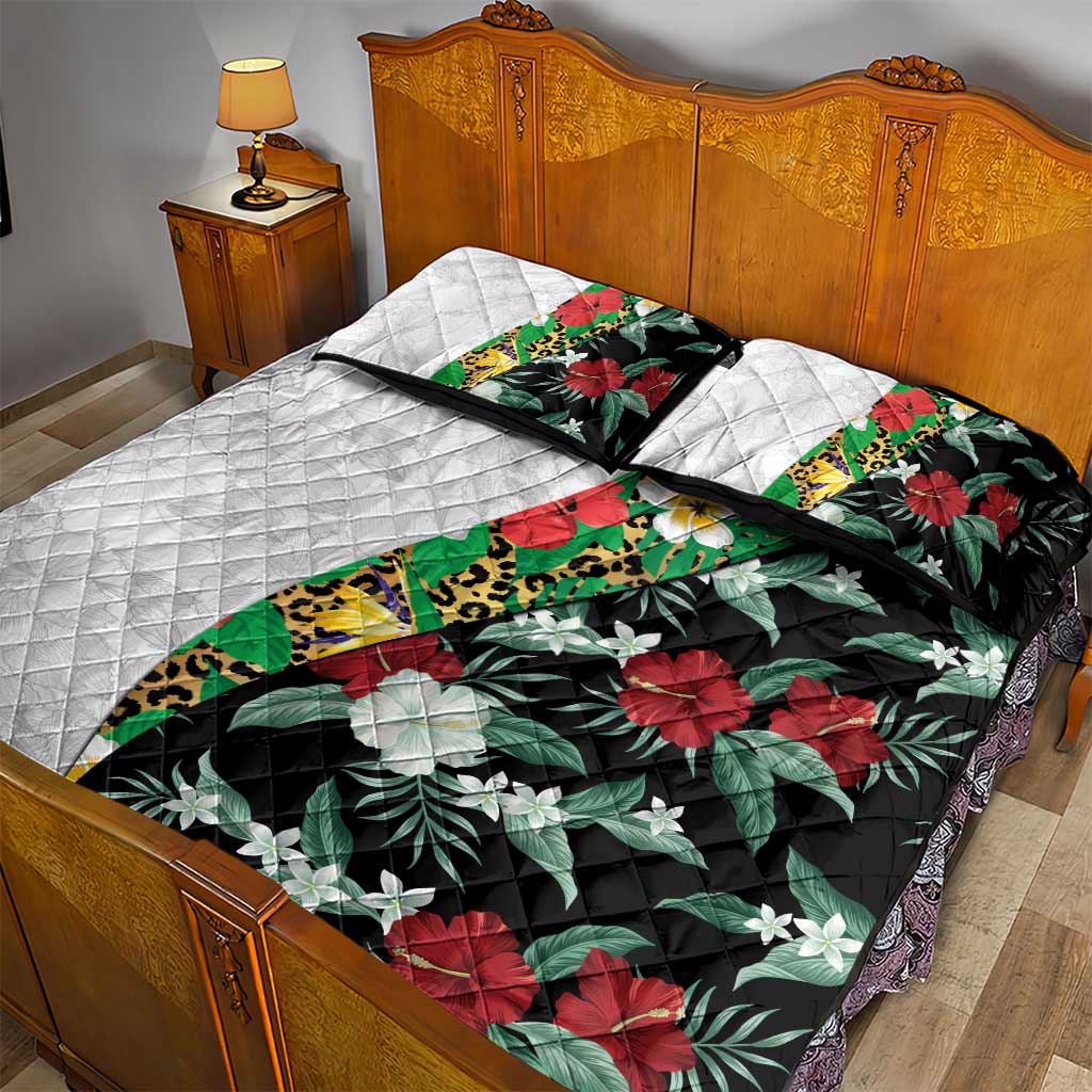 Hawaiian Tropical Flowers and Leaves Quilt Bed Set on Leopard Pattern Half Style White-Black Version - Polynesian Pride