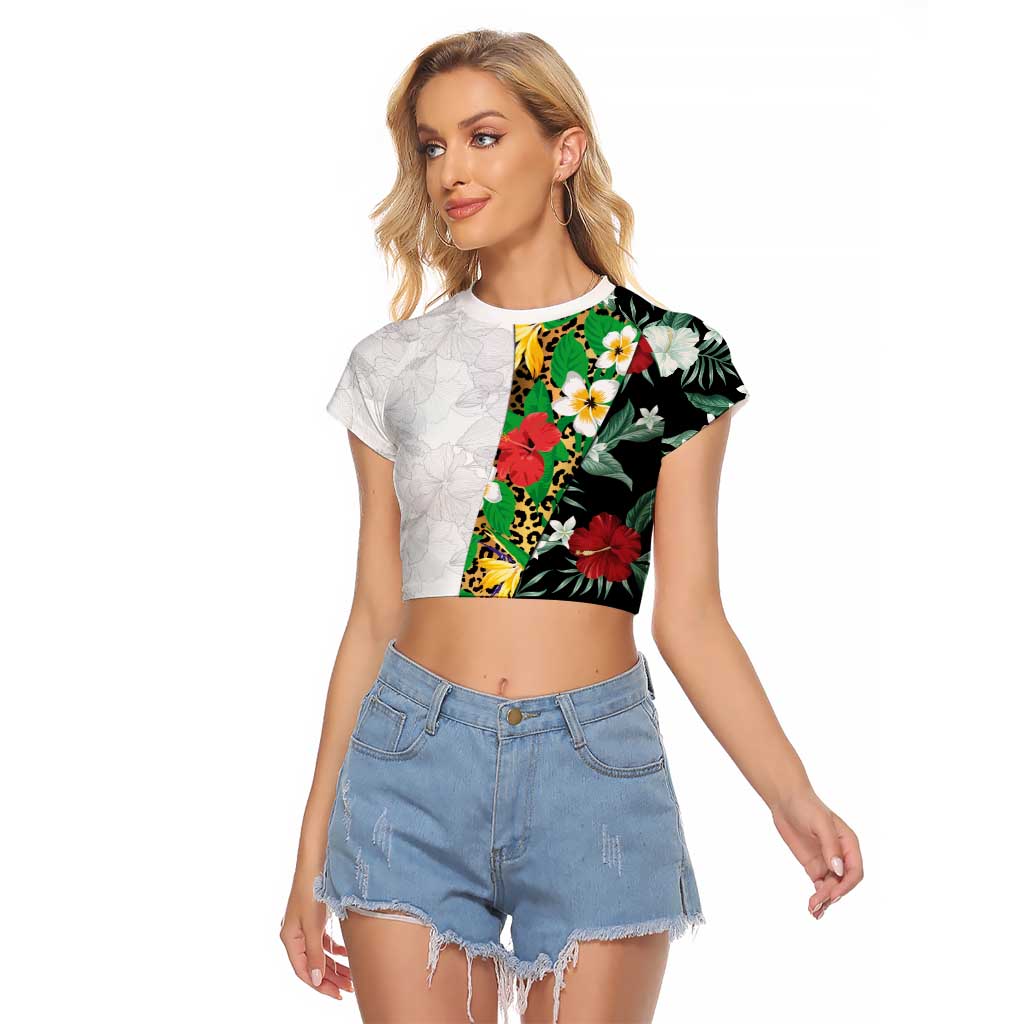 Hawaiian Tropical Flowers and Leaves Raglan Cropped T Shirt on Leopard Pattern Half Style White-Black Version - Polynesian Pride