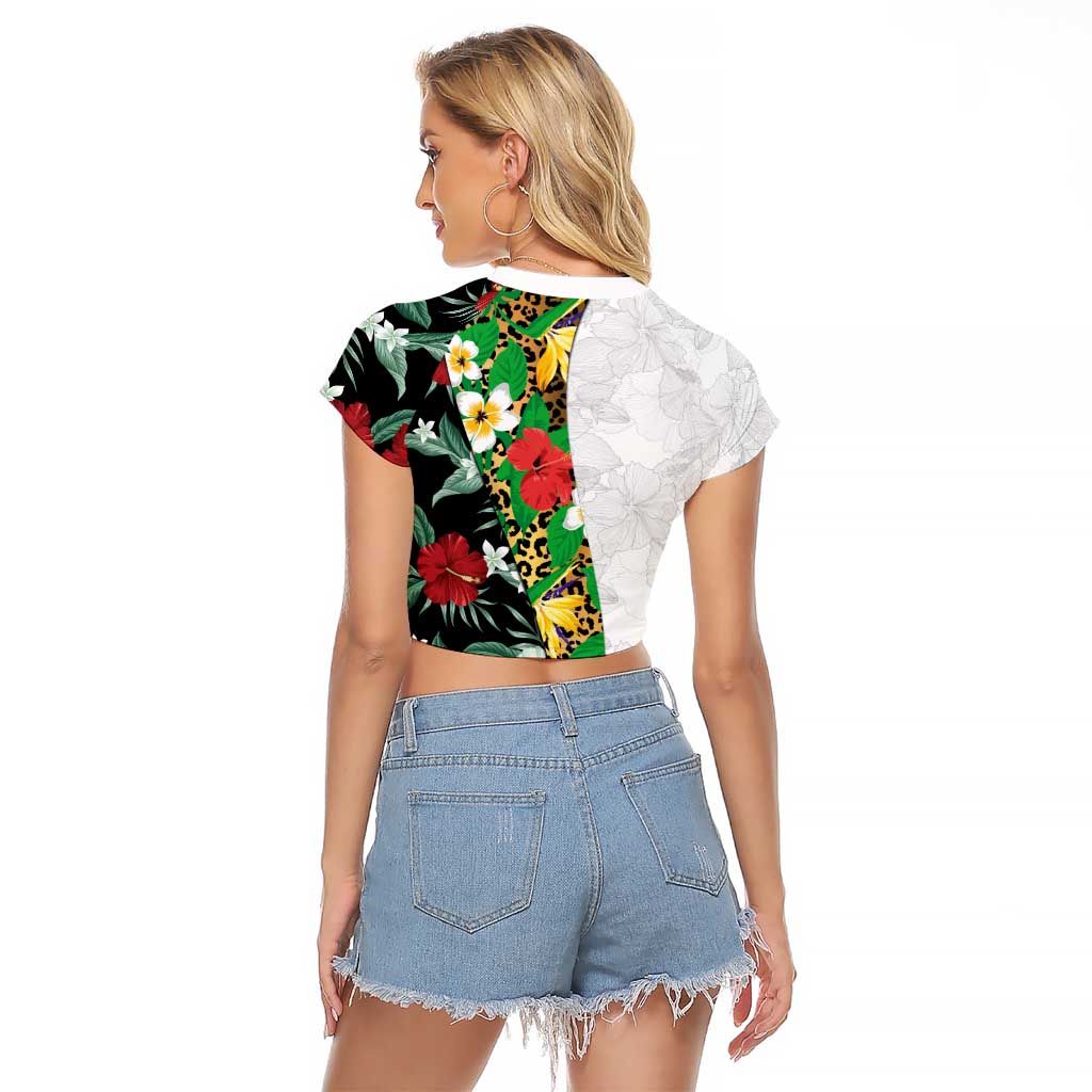Hawaiian Tropical Flowers and Leaves Raglan Cropped T Shirt on Leopard Pattern Half Style White-Black Version - Polynesian Pride
