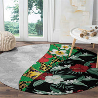 Hawaiian Tropical Flowers and Leaves Round Carpet on Leopard Pattern Half Style White-Black Version - Polynesian Pride