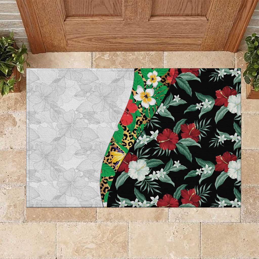 Hawaiian Tropical Flowers and Leaves Rubber Doormat on Leopard Pattern Half Style White-Black Version - Polynesian Pride
