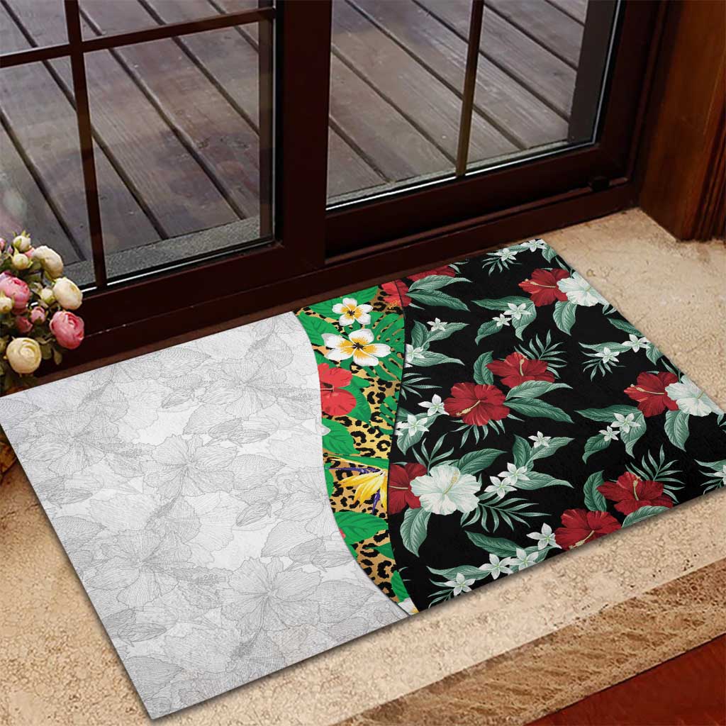 Hawaiian Tropical Flowers and Leaves Rubber Doormat on Leopard Pattern Half Style White-Black Version - Polynesian Pride