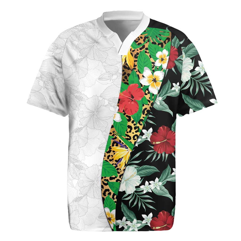 Hawaiian Tropical Flowers and Leaves Rugby Jersey on Leopard Pattern Half Style White-Black Version - Polynesian Pride