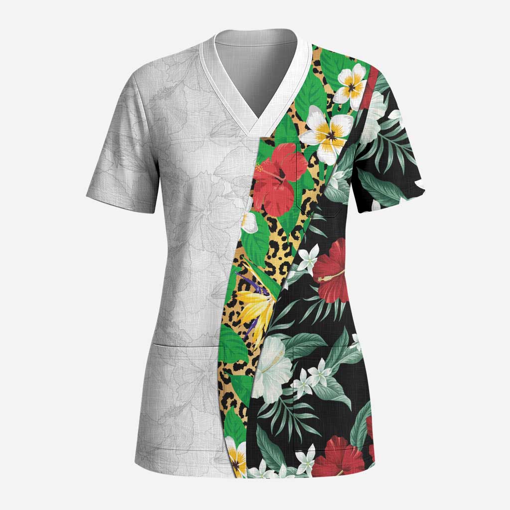 Hawaiian Tropical Flowers and Leaves Scrub Top on Leopard Pattern Half Style White-Black Version - Polynesian Pride